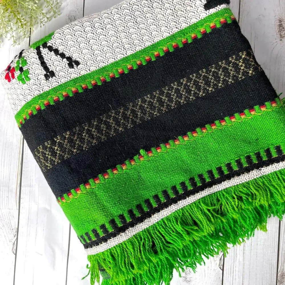 Swedish Embroidered Wool Peasant Blanket Tapestry Stripes Fringe Bright Colorful